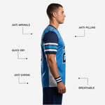 Back view of custom football jersey in royal blue and navy showing player number and nameplate area on upper back