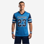 Football jerseys for whole team in royal blue and navy with team name across chest and player number 23 on front and back sublimated game jersey front and back view