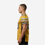 Side view of gold and black American football jersey showing black side panel, three-stripe sleeve band, and V-neck collar trim