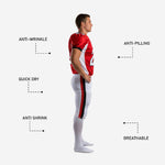 Back view of custom American football uniform in red and white showing back number and nameplate area above the waistband