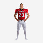 Football uniforms for clubs in red and white sublimated polyester showing front and back views with team name, front number, and back number