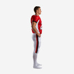 Custom red and white American football uniform front view with V-neck collar, white sleeve panels, team name across chest, and number 23