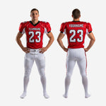 Size and specification sheet for custom red and white football uniform set showing youth and adult size options and print zone layout