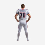 Size and specification sheet for white and navy custom American football uniforms for clubs, youth and adult sizes