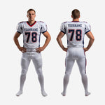 Close detail of V-neck collar red and navy trim and front number on white club football jersey