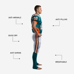 Back view of custom football uniform for leagues in teal and orange showing back number, player nameplate, and full-length pant stripe detail