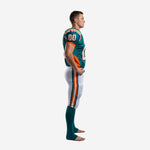 Teal and orange custom American football uniform front view showing orange shoulder panels, large front number, and chest team name on white background