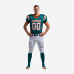 Custom football uniforms for leagues in teal and orange with V-neck collar, front number, chest team name, and white pants with orange leg stripe - front view