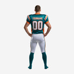 Opposite side view of custom teal and orange American football uniform showing sleeve number placement and matching orange trim on jersey and pants