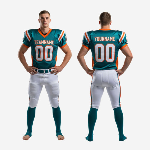 Custom Football Uniforms for Leagues - Teal and Orange, Player Numbers