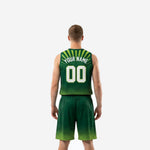 Opposite side view of forest green and lime green sublimated basketball uniform showing armhole binding and shorts waistband detail