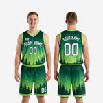 Size and specification sheet for custom forest green basketball uniform set with youth and adult sizing options