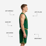 Back view of forest green basketball uniform displaying gold back number placement and matching green shorts waistband stripe