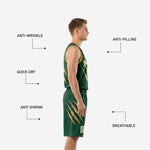 Back view of custom forest green basketball uniform showing back name, back number and gold claw print across the jersey