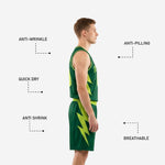 Back view of custom forest green basketball uniform with back player name, back number, and matching lightning bolt side panels