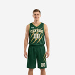 Forest green basketball uniforms with gold claw-mark graphic, team name arc and front number on a men's full uniform set