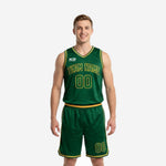 Forest green basketball uniforms two-piece set showing gold arced team name on the front jersey and matching green and gold shorts