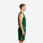 Front view of custom forest green basketball uniform with gold V-neck binding, arced team name, and outlined front number 00