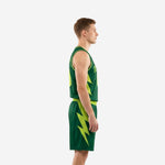 Adult male wearing custom forest green basketball uniform set with neon green V-neck trim and front number 00 on the jersey chest