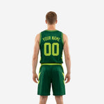 Opposite side view of forest green basketball uniform displaying neon yellow-green lightning bolt on shorts side panel and jersey side panel