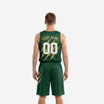 Right-side view of forest green club basketball uniform set showing claw graphic extending from jersey to shorts