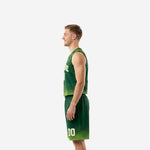 Side view of forest green basketball uniform set showing V-neck jersey and matching shorts with lime green halftone dot fade at hem