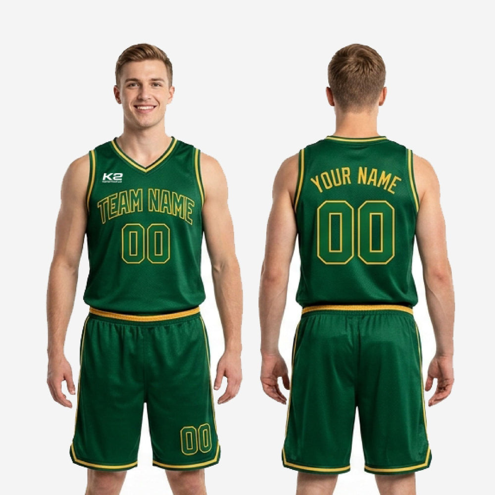 Classic Custom Forest Green Basketball Uniforms - Green and Gold Jersey and Shorts