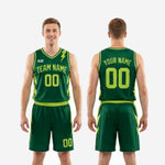 Size and specification chart for custom forest green basketball uniform set in youth and adult sizing