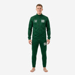 Men's forest green custom soccer tracksuit front view showing full-zip jacket with team crest and number print plus matching tapered pants