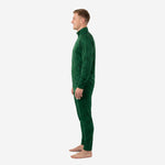Forest green custom soccer tracksuit right side view showing stand collar, ribbed cuffs, and tone-on-tone geometric badge pattern on jacket body