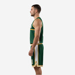 Right side view of custom basketball kit in forest green and gold showing jersey side taper and shorts side panel