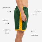 Athletic Gold straight hem trim band detail on custom forest green soccer shorts