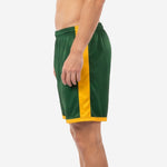 Forest green soccer shorts with Athletic Gold contrast side panel and straight hem trim, right side view on adult male model