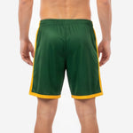 Elastic waistband detail on forest green custom soccer shorts with Athletic Gold trim accent
