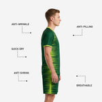 Side panel detail of forest green and lime green custom soccer shorts with matching spike burst sublimated print