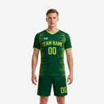 Front view of forest green and lime green spike burst custom soccer uniform kit for teams with V-neck collar and matching shorts