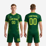 Back view of forest green and lime green spike burst soccer uniform kit for teams showing back number and name print zones