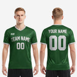 Full body view of a Forest Green short sleeve soccer jersey with white trim, athletic cut, and custom team name for club and school squads