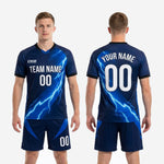 Full print custom blue soccer uniform back view showing player name, back number, and lightning graphic on navy polyester