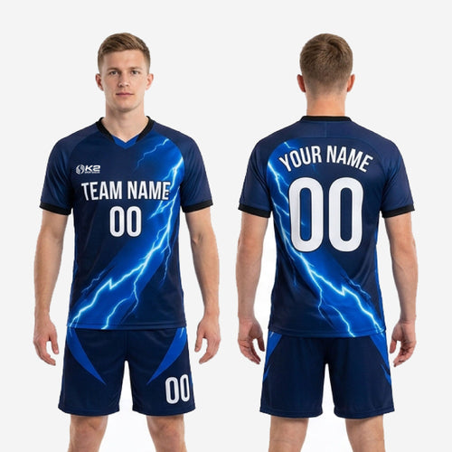 Full print custom blue soccer uniform back view showing player name, back number, and lightning graphic on navy polyester