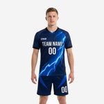 Full print custom blue soccer uniform in navy and electric blue lightning design, front view on adult male model