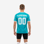 Full print custom dye sublimated training jersey teal and white, back view showing player name arc and back number placement