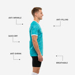 Close-up of white cuff trim on teal custom dye sublimated training jersey showing sublimated contrast detail