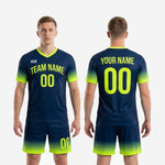 Back view of full print custom men's soccer uniforms in Navy Blue and Neon Yellow showing back player name and number print zones