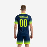 Close detail of V-neck collar on custom men's soccer uniforms with Neon Yellow contrast trim sublimated into neckline