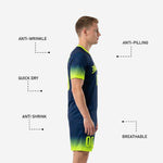 Matching sublimated shorts hem detail on full print men's soccer uniform set in Navy Blue and Neon Yellow
