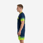Men's soccer uniforms with full-dye sublimation in Navy Blue and Neon Yellow, right side profile showing athletic cut and V-neck collar