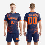 Complete custom men's soccer uniform set in navy blue and orange full print sublimation, jersey and shorts kit