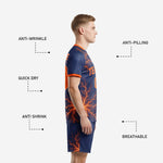 Matching navy blue and orange sublimated soccer shorts with player number, part of men's soccer uniform set
