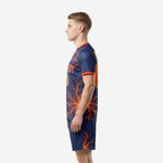 Men's soccer uniforms full print navy orange lightning graphic, right side view showing back number placement and shorts